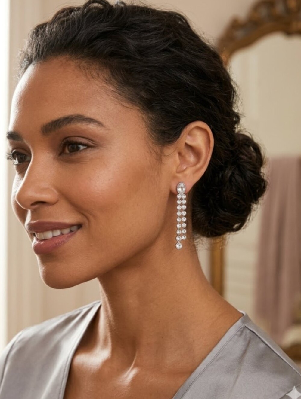 A Pair of Clear Crystal Post Dangle Pierced Earrings Silver Tone